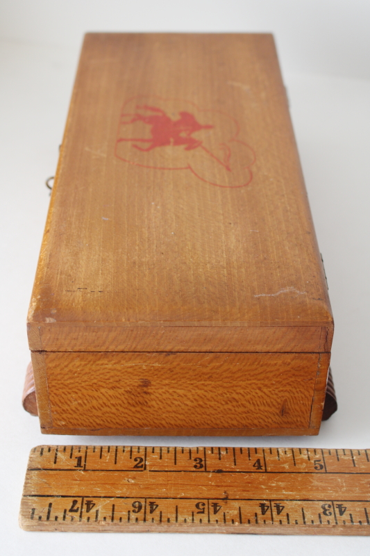 photo of MCM vintage blonde wood dresser box, knight on horseback keepsake chest, men's jewelry box #3