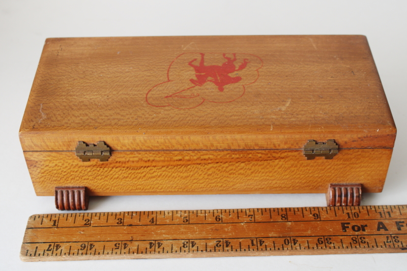 photo of MCM vintage blonde wood dresser box, knight on horseback keepsake chest, men's jewelry box #4
