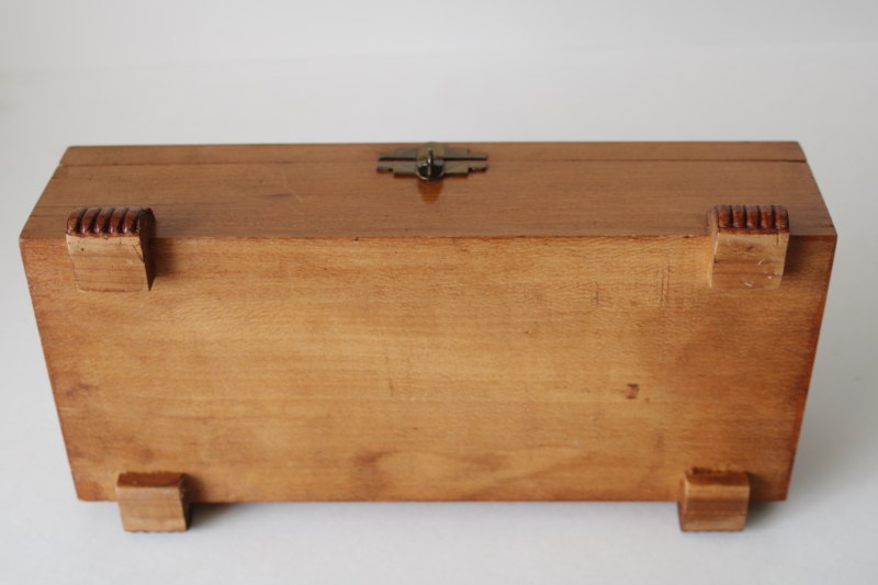 photo of MCM vintage blonde wood dresser box, knight on horseback keepsake chest, men's jewelry box #5