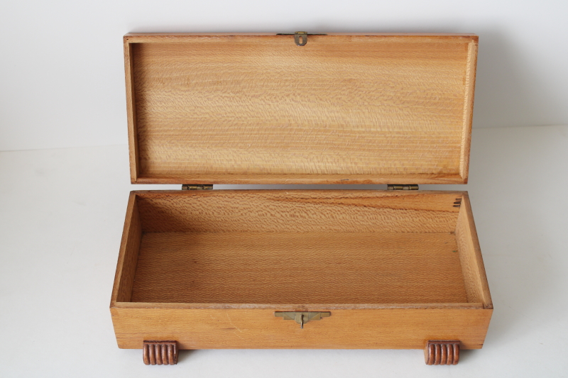 photo of MCM vintage blonde wood dresser box, knight on horseback keepsake chest, men's jewelry box #6