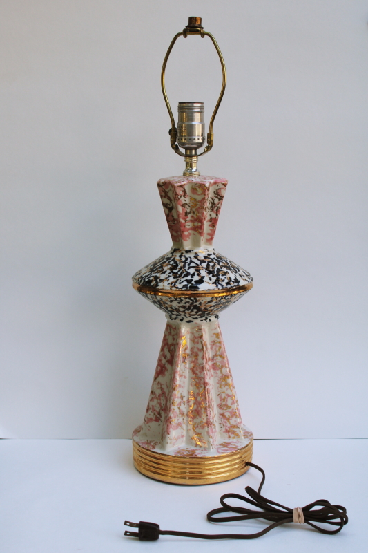 photo of MCM vintage ceramic table lamp, pink, black & gold confetti spatter space age atomic mod  #1