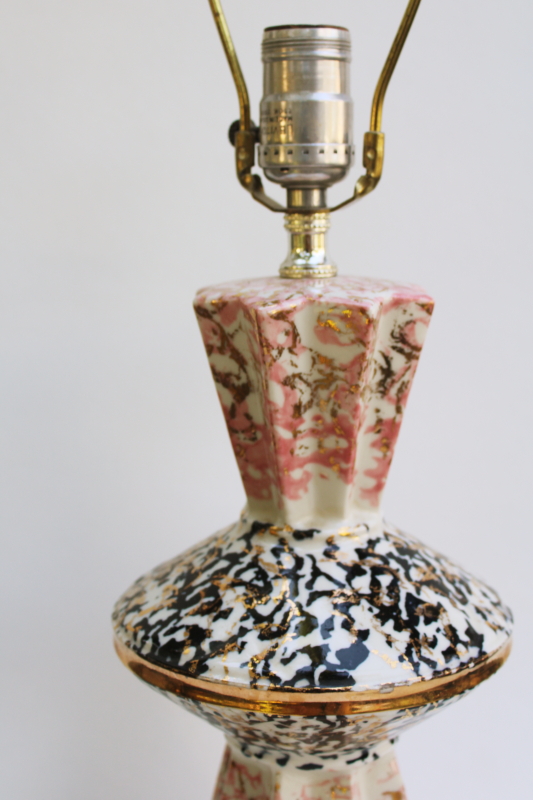 photo of MCM vintage ceramic table lamp, pink, black & gold confetti spatter space age atomic mod  #4
