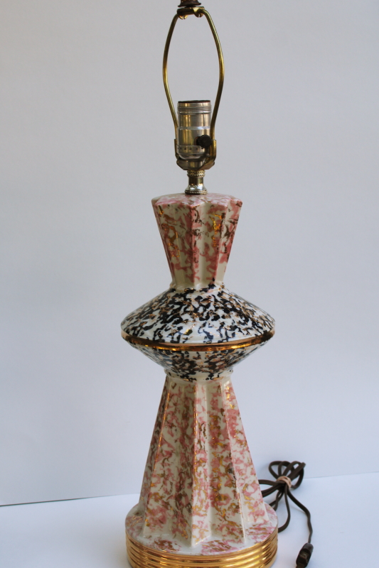 photo of MCM vintage ceramic table lamp, pink, black & gold confetti spatter space age atomic mod  #5