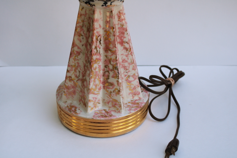 photo of MCM vintage ceramic table lamp, pink, black & gold confetti spatter space age atomic mod  #6