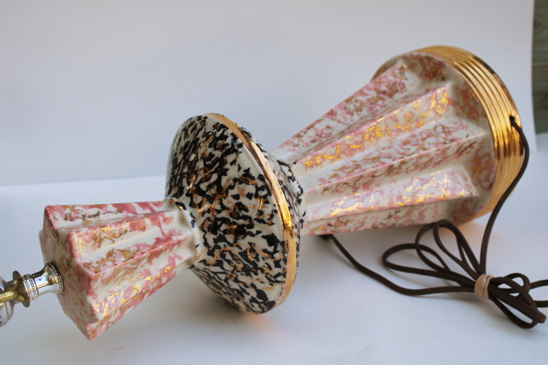 photo of MCM vintage ceramic table lamp, pink, black & gold confetti spatter space age atomic mod  #9