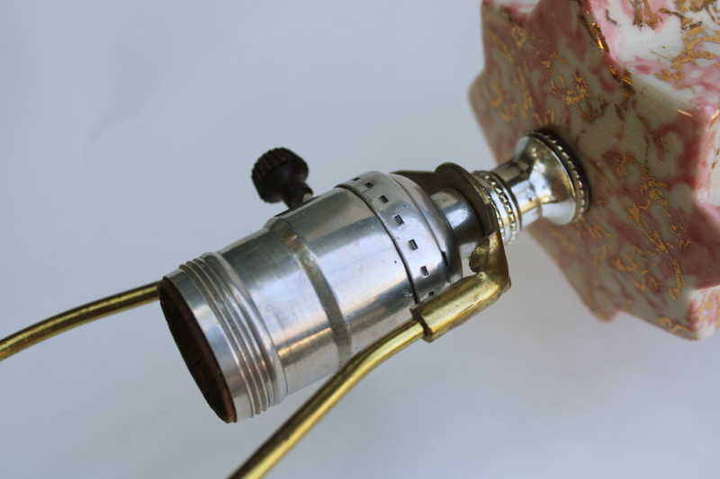 photo of MCM vintage ceramic table lamp, pink, black & gold confetti spatter space age atomic mod  #10