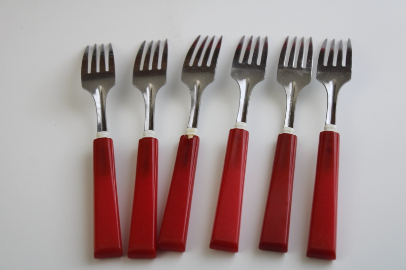 photo of MCM vintage cherry bakelite handled forks, stainless flatware retro red & white #3