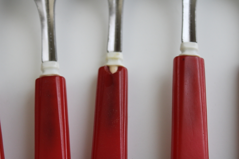 photo of MCM vintage cherry bakelite handled forks, stainless flatware retro red & white #4