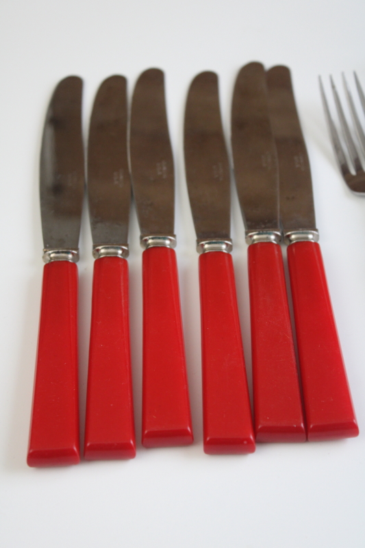 photo of MCM vintage cherry red bakelite handled flatware, silverware set service for 6 #3