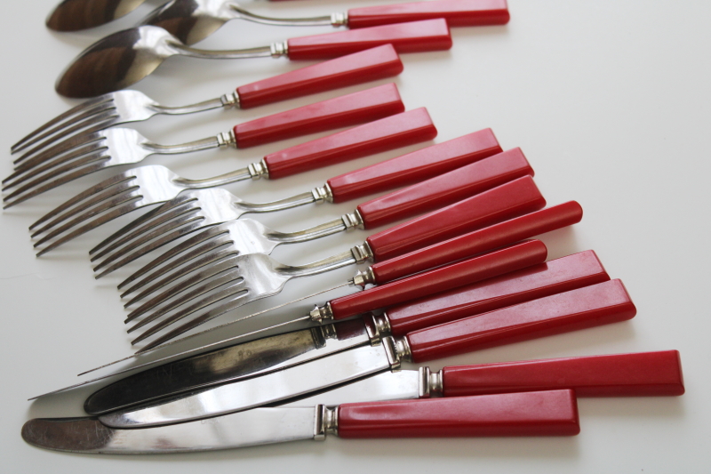 photo of MCM vintage cherry red bakelite handled flatware, silverware set service for 6 #7