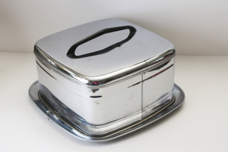 photo of MCM vintage chrome metal cake carrier, Lincoln Beautyware square dome cover & plate  #5