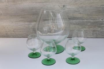catalog photo of MCM vintage cocktail set, mod pitcher & snifter glasses, crystal clear hand blown glass green foot