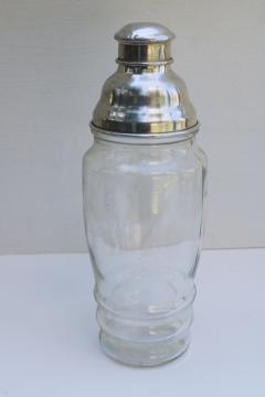 catalog photo of MCM vintage cocktail shaker, bubble shape glass jar drinks mixer w/ aluminum strainer lid & cap 