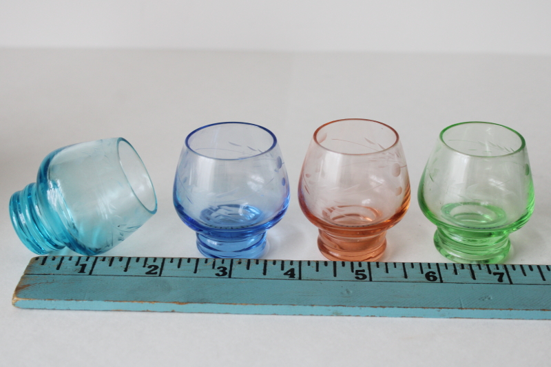 photo of MCM vintage colored glass shot glasses, tiny etched glasses pink green aqua blue #2