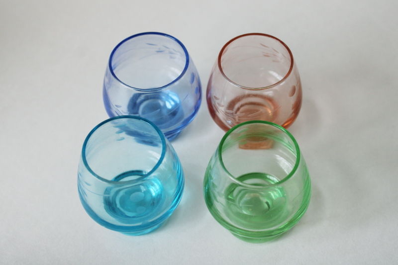 photo of MCM vintage colored glass shot glasses, tiny etched glasses pink green aqua blue #3