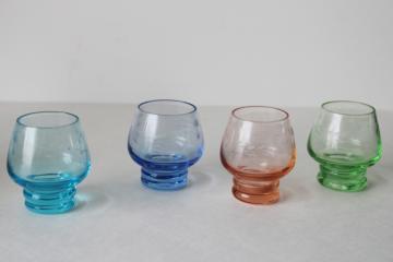 catalog photo of MCM vintage colored glass shot glasses, tiny etched glasses pink green aqua blue 