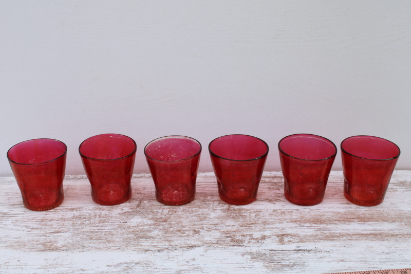 photo of MCM vintage crackle glass tumblers, mod pinched shape drinking glasses w/ ruby stain color  #1