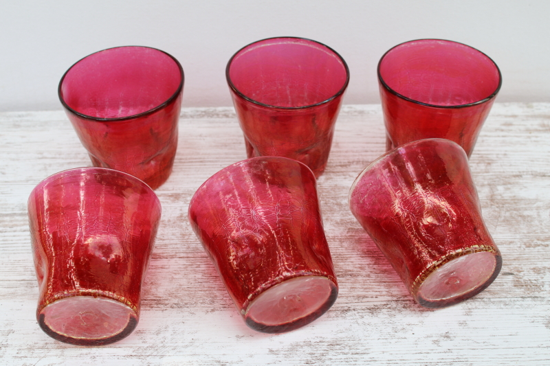 photo of MCM vintage crackle glass tumblers, mod pinched shape drinking glasses w/ ruby stain color  #2