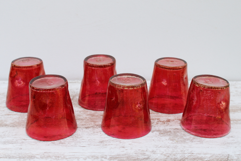 photo of MCM vintage crackle glass tumblers, mod pinched shape drinking glasses w/ ruby stain color  #3
