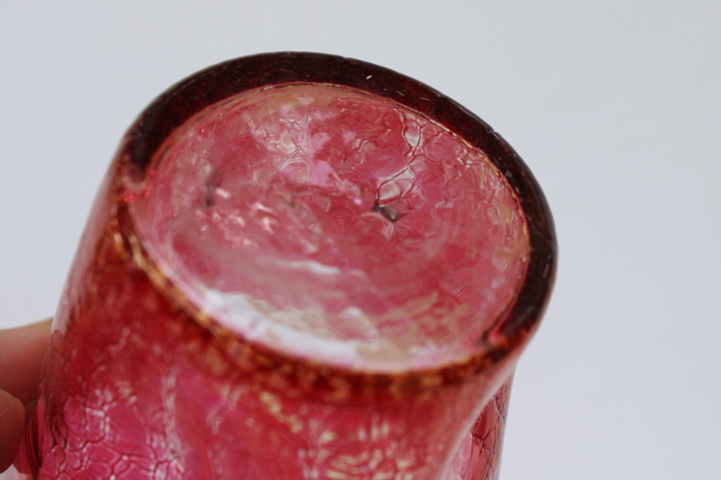 photo of MCM vintage crackle glass tumblers, mod pinched shape drinking glasses w/ ruby stain color  #5