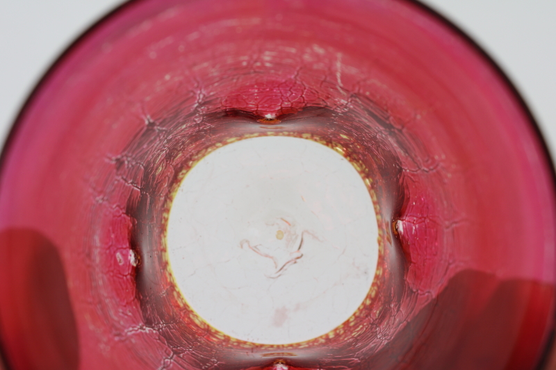 photo of MCM vintage crackle glass tumblers, mod pinched shape drinking glasses w/ ruby stain color  #6