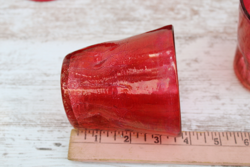 photo of MCM vintage crackle glass tumblers, mod pinched shape drinking glasses w/ ruby stain color  #7