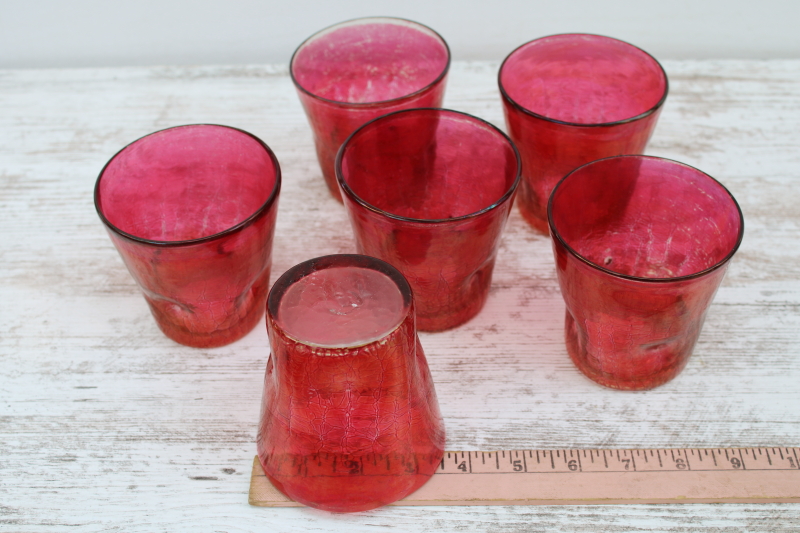 photo of MCM vintage crackle glass tumblers, mod pinched shape drinking glasses w/ ruby stain color  #8