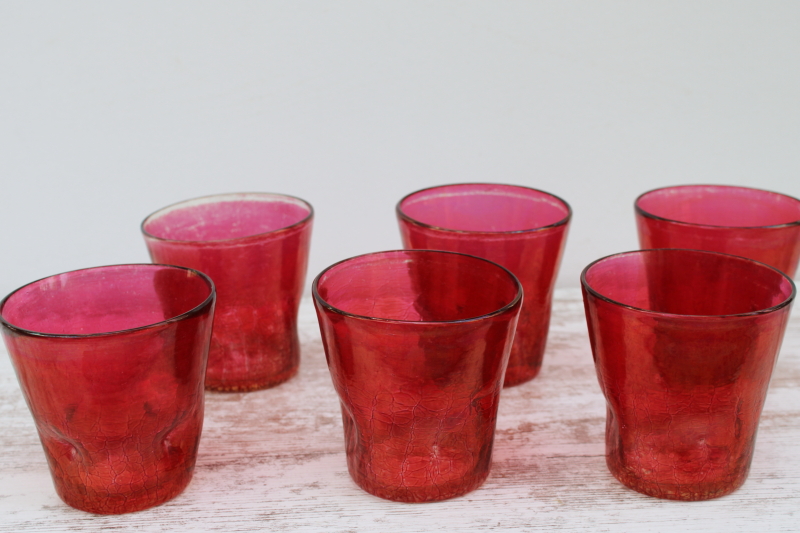 photo of MCM vintage crackle glass tumblers, mod pinched shape drinking glasses w/ ruby stain color  #9
