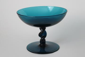 catalog photo of MCM vintage deep teal blue art glass candy dish, hand blown Italian twist stem pedestal bowl