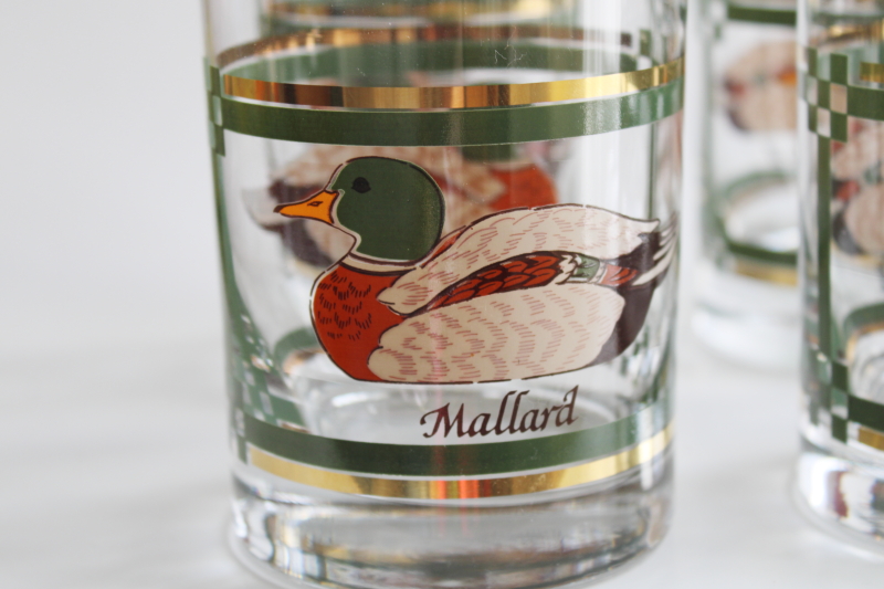 photo of MCM vintage double old fashioned glasses set of 6, Mallard drake duck print w/ gold & green bands #2