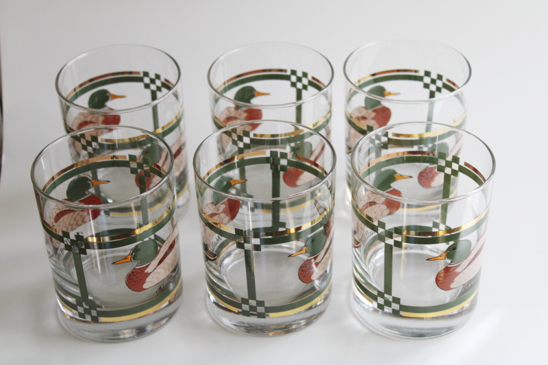 photo of MCM vintage double old fashioned glasses set of 6, Mallard drake duck print w/ gold & green bands #3