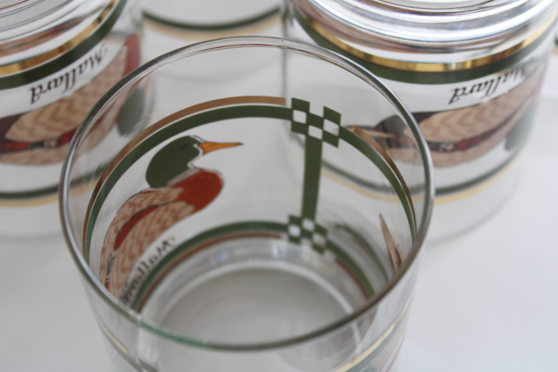 photo of MCM vintage double old fashioned glasses set of 6, Mallard drake duck print w/ gold & green bands #6