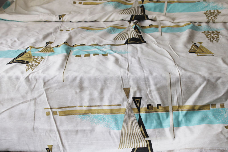 photo of MCM vintage drapery or upholstery fabric, large abstract print aqua, metallic gold & black on ivory #1