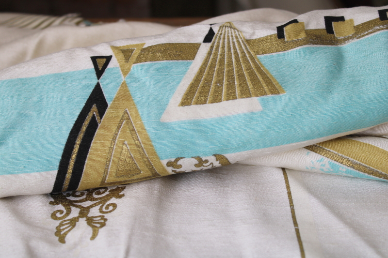 photo of MCM vintage drapery or upholstery fabric, large abstract print aqua, metallic gold & black on ivory #3