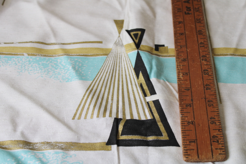 photo of MCM vintage drapery or upholstery fabric, large abstract print aqua, metallic gold & black on ivory #4