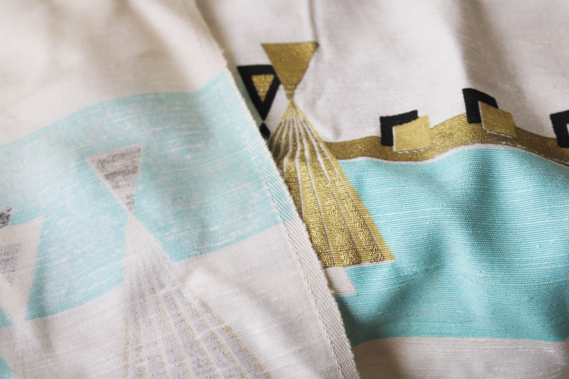 photo of MCM vintage drapery or upholstery fabric, large abstract print aqua, metallic gold & black on ivory #5