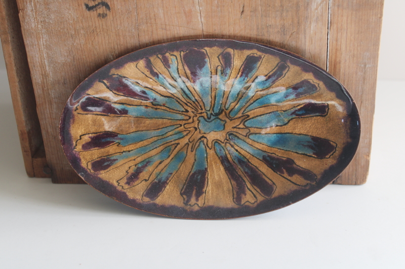 photo of MCM vintage enameled copper tray, handcrafted signed starburst colored enamel trinket dish  #2