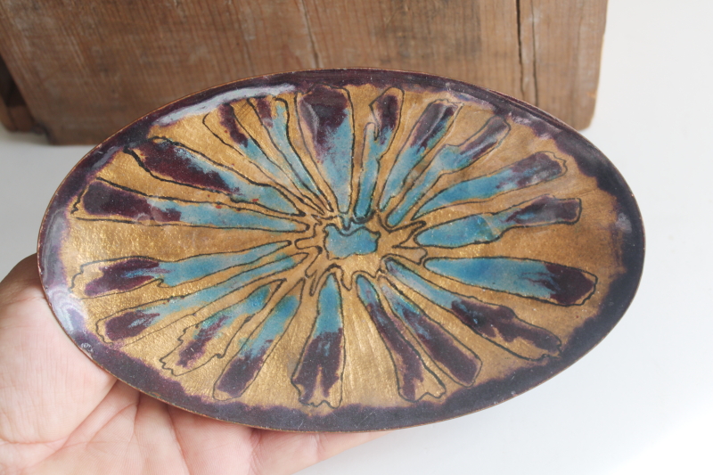 photo of MCM vintage enameled copper tray, handcrafted signed starburst colored enamel trinket dish  #3