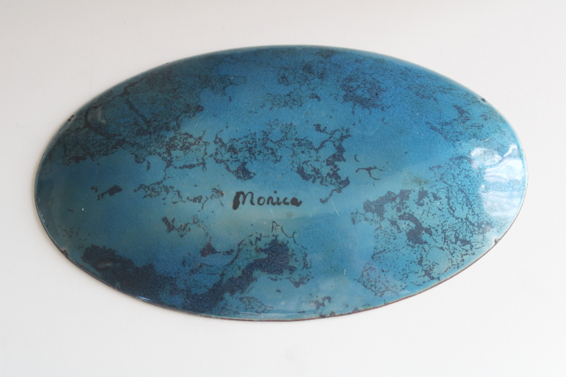 photo of MCM vintage enameled copper tray, handcrafted signed starburst colored enamel trinket dish  #4