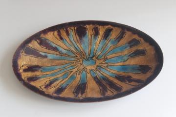 catalog photo of MCM vintage enameled copper tray, handcrafted signed starburst colored enamel trinket dish 