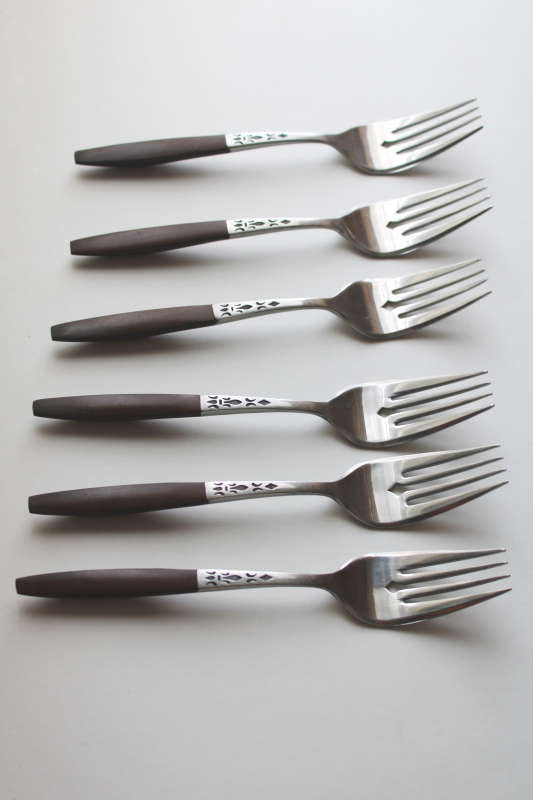 photo of MCM vintage flatware, Dior Muffin Grand Prix Japan stainless salad forks, rosewood look handles #1