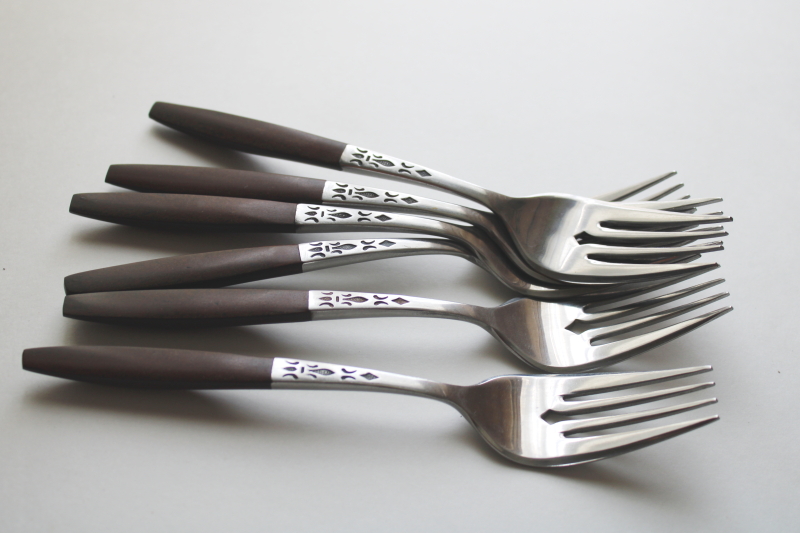 photo of MCM vintage flatware, Dior Muffin Grand Prix Japan stainless salad forks, rosewood look handles #2