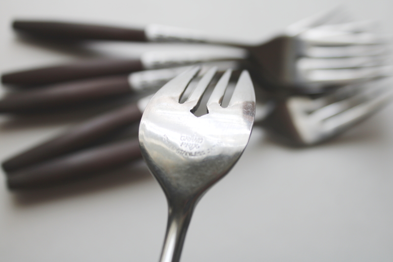 photo of MCM vintage flatware, Dior Muffin Grand Prix Japan stainless salad forks, rosewood look handles #3