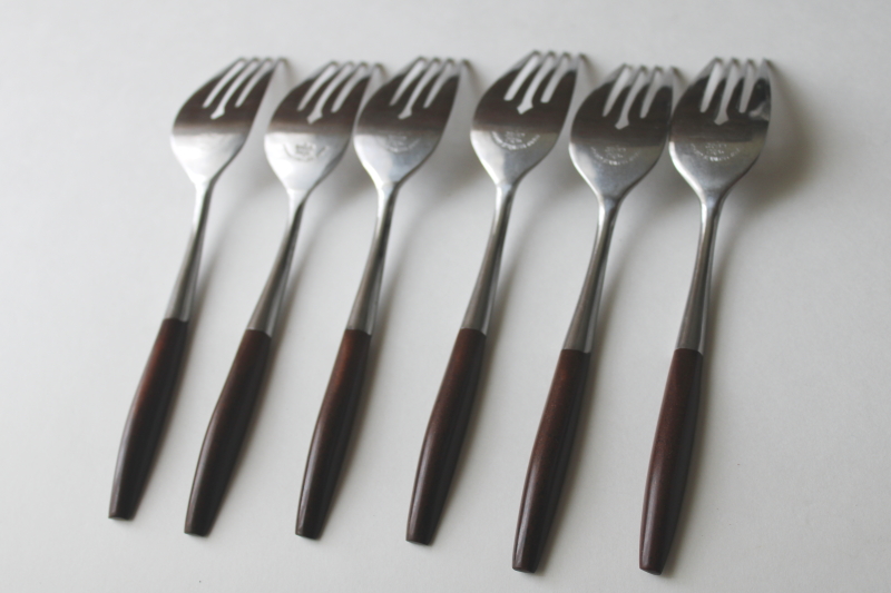 photo of MCM vintage flatware, Dior Muffin Grand Prix Japan stainless salad forks, rosewood look handles #4