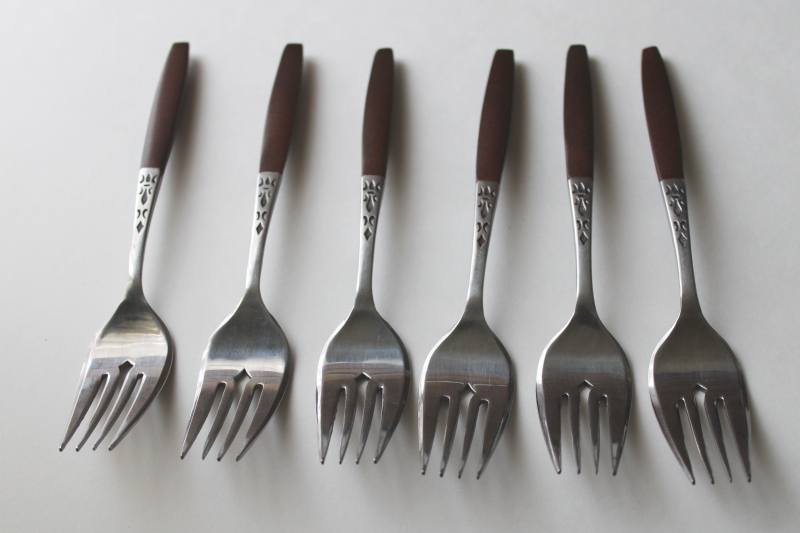 photo of MCM vintage flatware, Dior Muffin Grand Prix Japan stainless salad forks, rosewood look handles #5