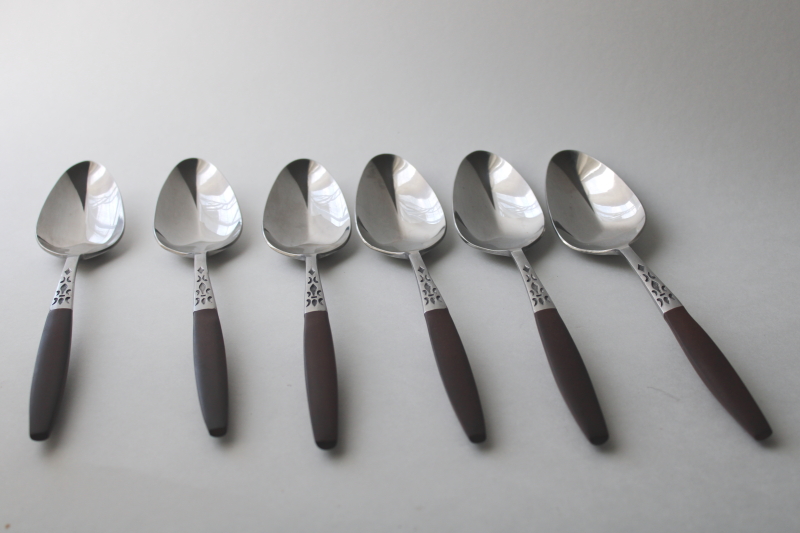 photo of MCM vintage flatware, Dior Muffin Grand Prix Japan stainless soup spoons, rosewood look handles #1