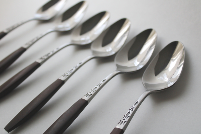photo of MCM vintage flatware, Dior Muffin Grand Prix Japan stainless soup spoons, rosewood look handles  #2
