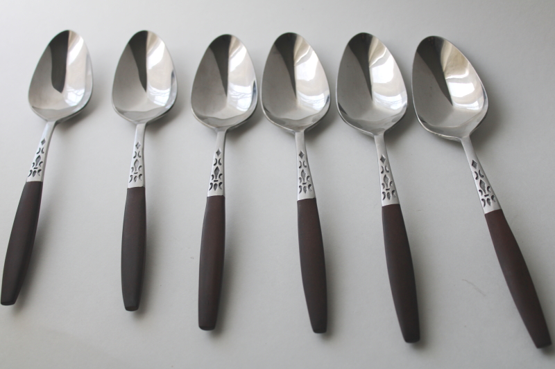 photo of MCM vintage flatware, Dior Muffin Grand Prix Japan stainless soup spoons, rosewood look handles  #3