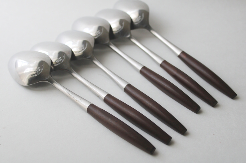 photo of MCM vintage flatware, Dior Muffin Grand Prix Japan stainless soup spoons, rosewood look handles  #6