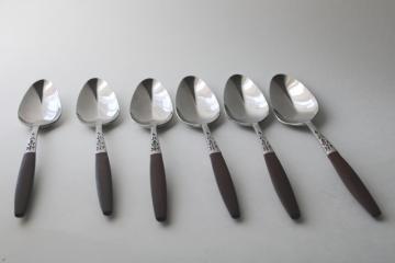 MCM vintage flatware, Dior Muffin Grand Prix Japan stainless soup spoons, rosewood look handles 